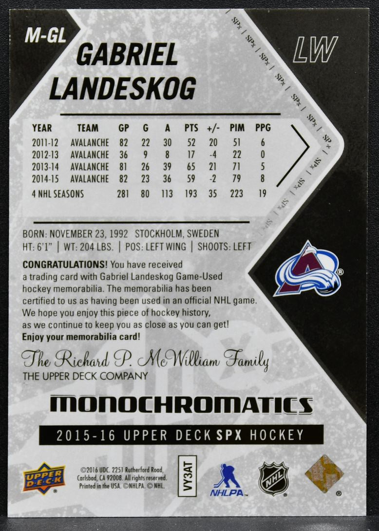 2015-16 SPx Monochromatics Jersey Gabriel Landeskog M-GL Avalanche Jersey 9295
