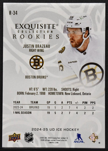 24-25 UD Exquisite Collection RCs Platinum Blue Justin Brazeau Bruins RC /199 6330