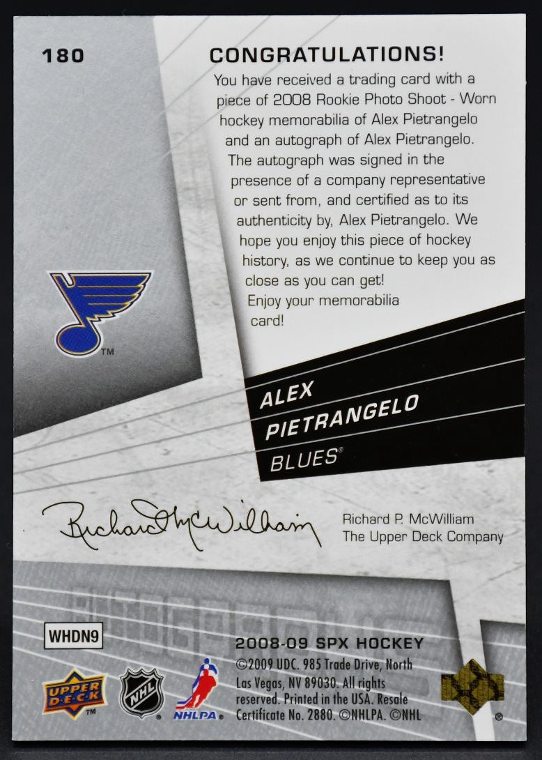 2008-09 SPx SPx Rookies Alex Pietrangelo 180 RC Auto 117/999 Jersey