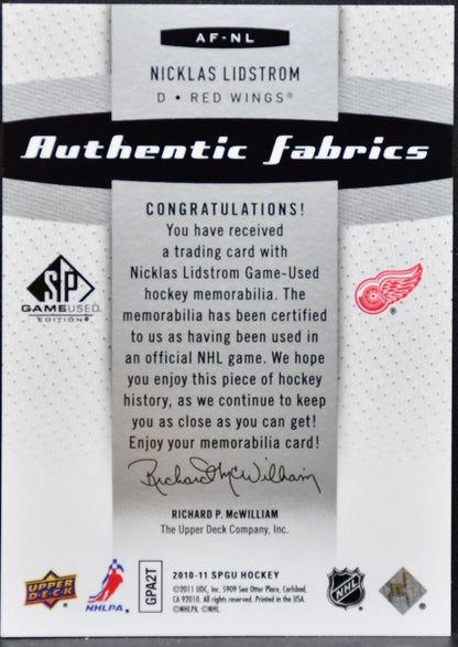 2010-11 SP Game Used Authentic Fabrics Nicklas Lidstrom Red Wings Jersey 2615