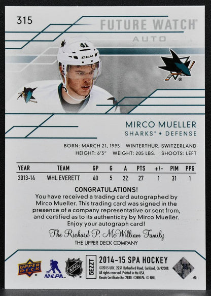 2014-15 SP Authentic Future Watch Auto Mirco Mueller Sharks RC Auto 788/999 1528