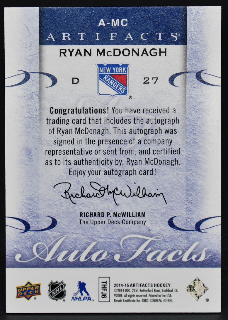 2014-15 UD Artifacts Autofacts Ryan McDonagh A-MC Auto