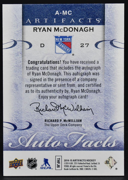 2014-15 UD Artifacts Autofacts Ryan McDonagh A-MC Auto