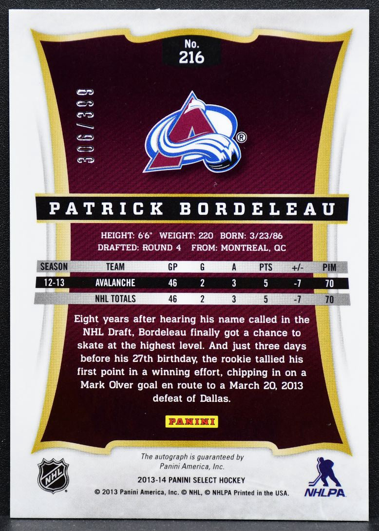 2013-14 Panini Select Rookie Auto Patrick Bordeleau 216 RC Auto 306/399 4747