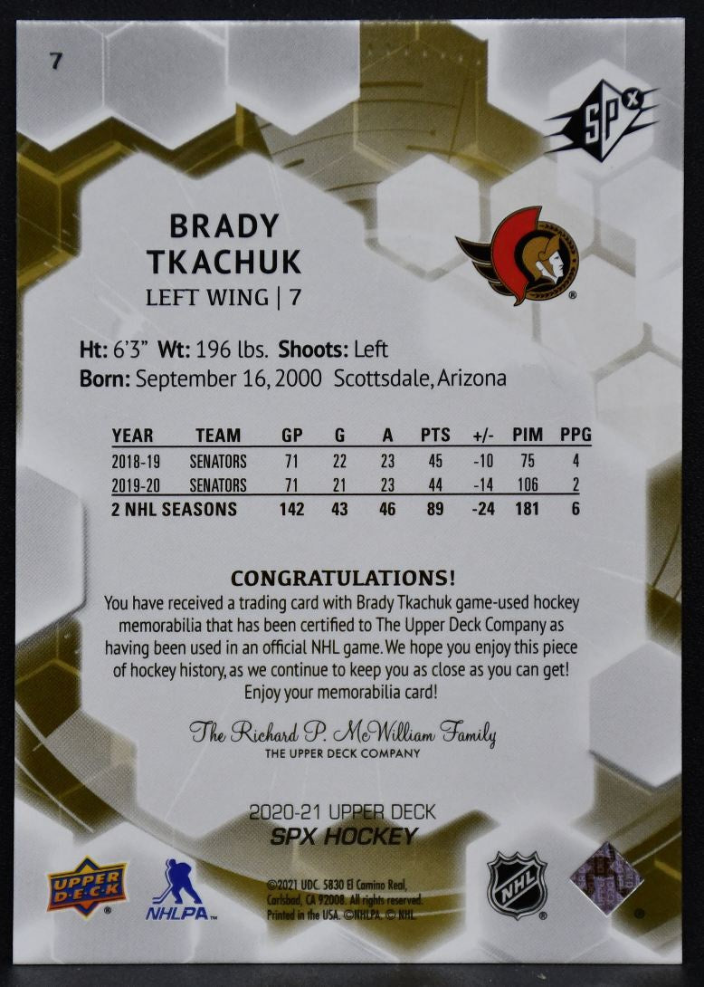 2020-21 SPx Jersey Brady Tkachuk 7 Ottawa Senators Auto Jersey 6934