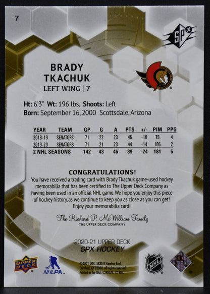2020-21 SPx Jersey Brady Tkachuk 7 Ottawa Senators Auto Jersey 6934