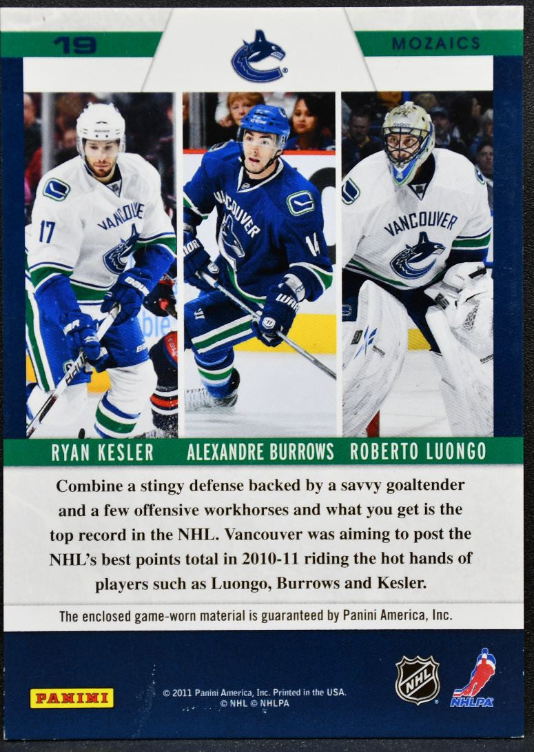 2010-11 Panini Zenith Mozaics Burrows/Luongo/Kesler Jersey 5501