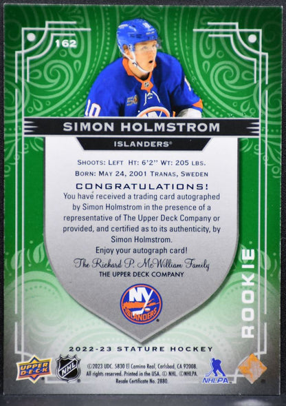 2022-23 UD Stature Rookie Auto Green Holmstrom Islanders RC Auto 23986 4601