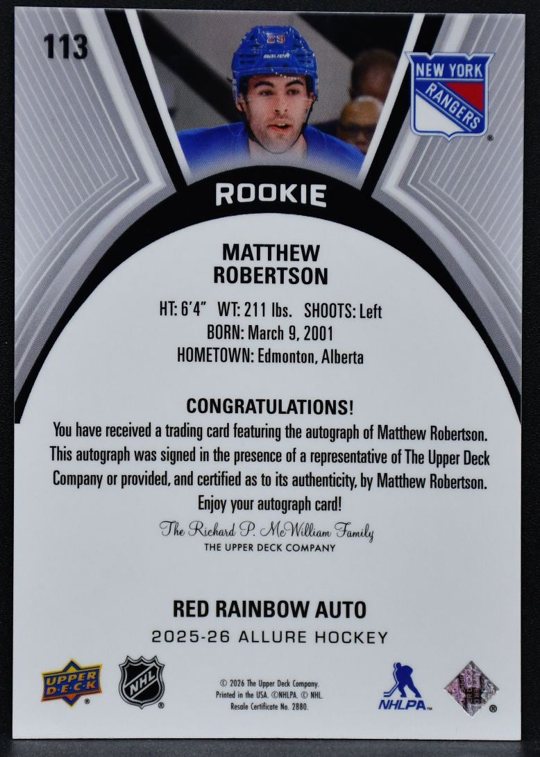 25-26 UD Allure Red Rainbow Auto Matthew Robertson 113 New York Rangers RC Auto 4689