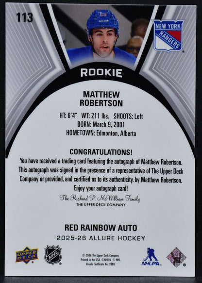 25-26 UD Allure Red Rainbow Auto Matthew Robertson 113 New York Rangers RC Auto 4689