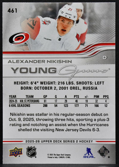 2025-26 UD Series 2 Young Guns Alexander Nikishin 461 Carolina Hurricanes RC 9317