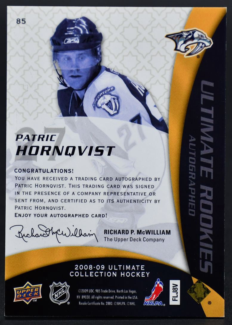 Carte RC autographiée Hornqvist Nashville Predators de la collection Ultimate UD 2008-09 /399