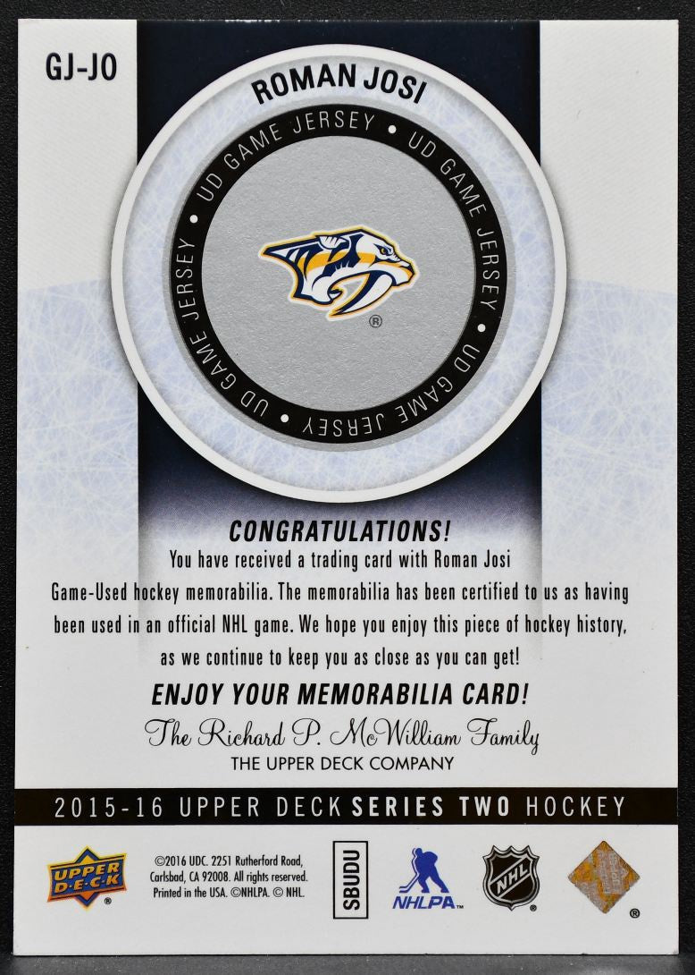 2015-16 Upper Deck Series 2 UD Game Jerseys Roman Josi Predators Jersey 4683