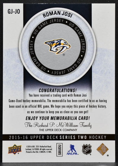 2015-16 Upper Deck Series 2 UD Game Jerseys Roman Josi Predators Jersey 4683