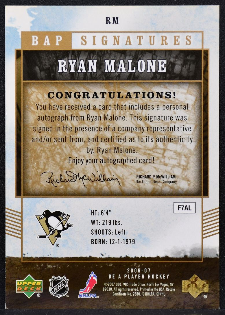 2006-07 Upper Deck BAP Signatures Ryan Malone RM Pittsburgh Penguins Auto 2100