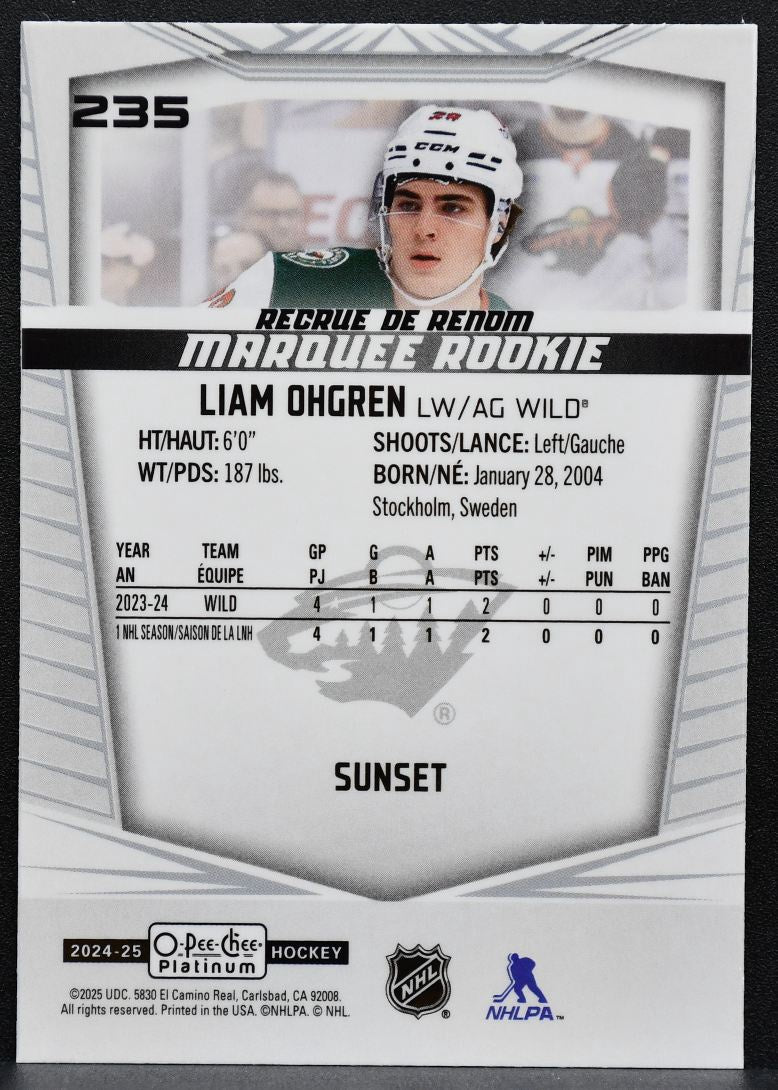 2024-25 O-Pee-Chee Platinum Marquee Rookie Sunset Liam Ohgren 235 Wild RC 1129