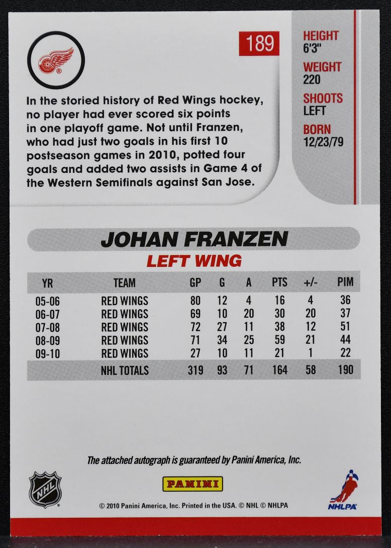 2010-11 Panini Score Signatures Johan Franzen 189 Detroit Red Wings Auto 1612