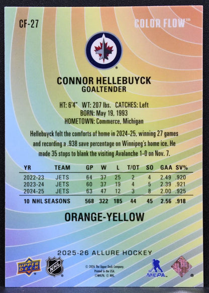 2025-26 Upper Deck Allure Color Flow Orange-Yellow Connor Hellebuyck Jets 3974