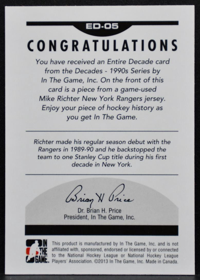 2013-14 In The Game Decades 1990s Entire Decade Mike Richter Rangers Jersey 8000