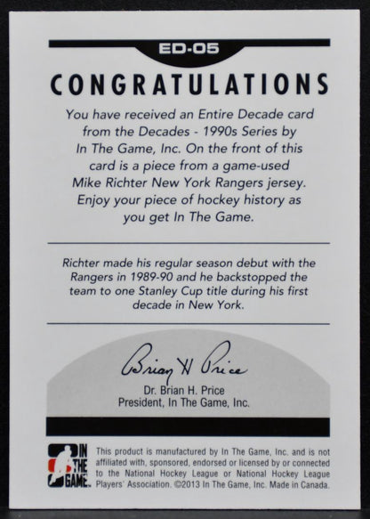 2013-14 In The Game Decades 1990s Entire Decade Mike Richter Rangers Jersey 8000