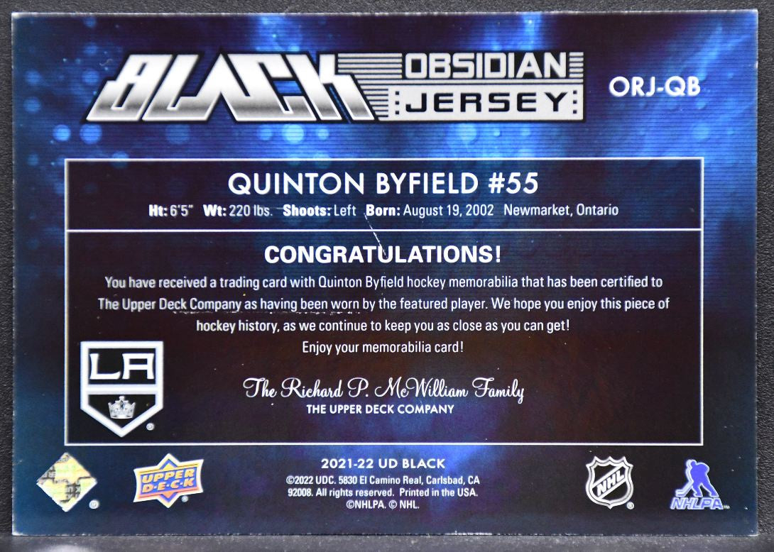 21-22 SPx UD Black Obsidian Jersey RC Byfield ORJ-QB Kings RC 295/399 Patch 6669