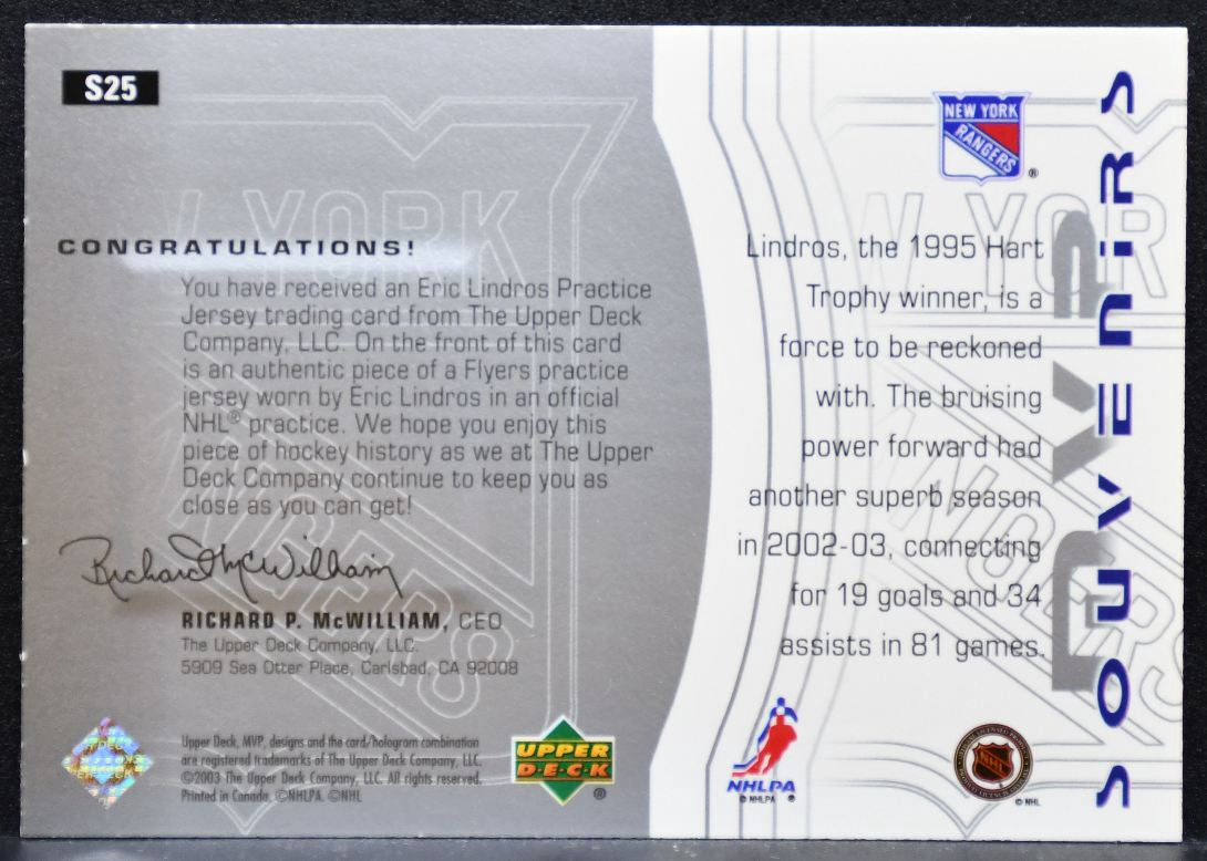 2003-04 Upper Deck MVP Souvenirs Eric Lindros S25 New York Rangers Jersey 8642