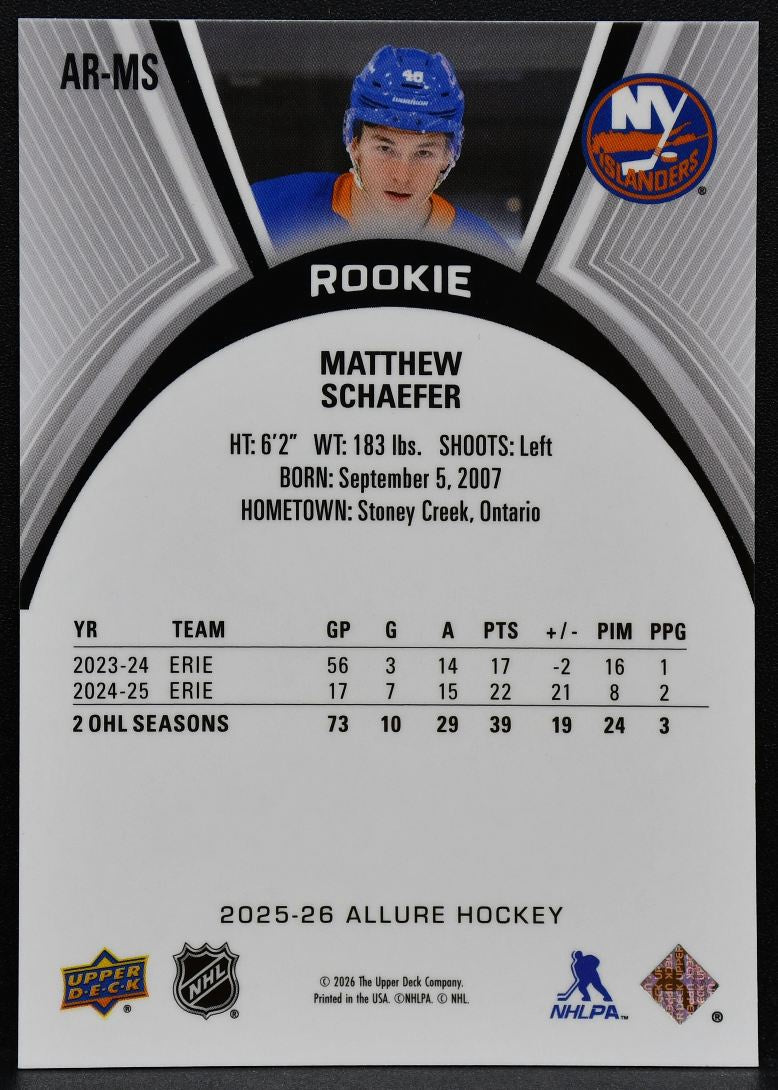 2025-26 Upper Deck Allure Rookie Matthew Schaefer AR-MS Islanders RC 4975