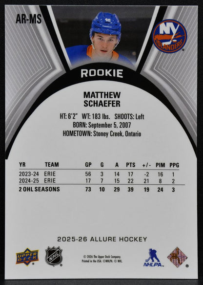 2025-26 Upper Deck Allure Rookie Matthew Schaefer AR-MS Islanders RC 4975