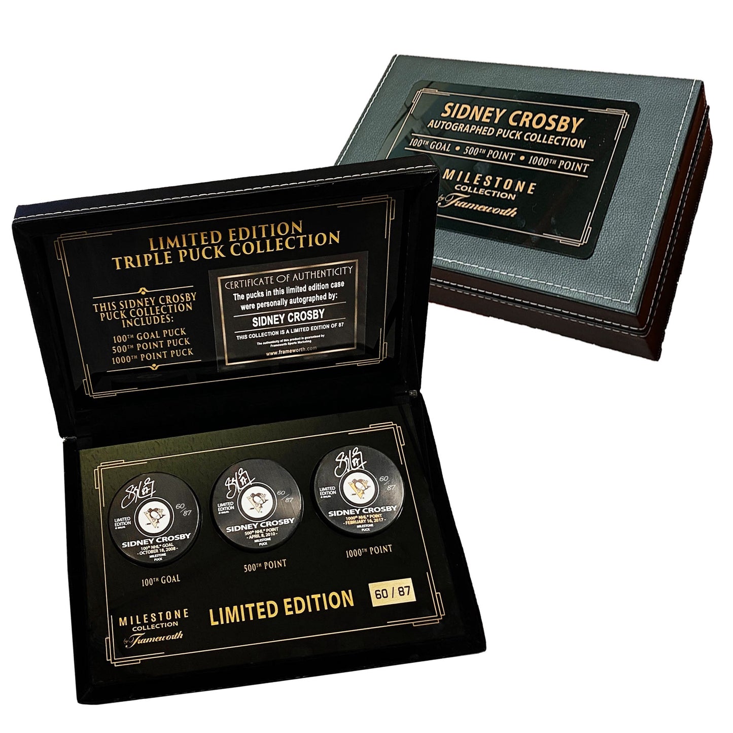Sidney Crosby Signed Penguins 100th, 500th,1000th Pucks in Deluxe Case (67/87)