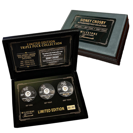 Sidney Crosby Signed Penguins 100th, 500th,1000th Pucks in Deluxe Case (67/87)