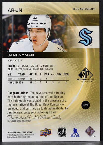 2025-26 SP Game Used Authentic Rookies Blue Auto Jani Nyman Kraken RC Auto 7382