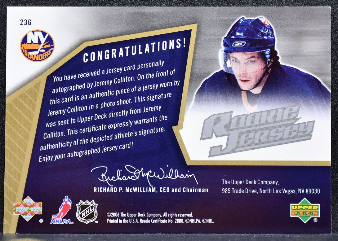 2005-06 SPx Rookie Jersey Auto Jeremy Colliton RC Auto 0328/1999 Jersey 8803