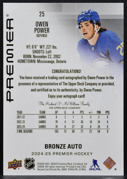 2024-25 Upper Deck Premier Bronze Auto Owen Power 25 Buffalo Sabres Auto 3431