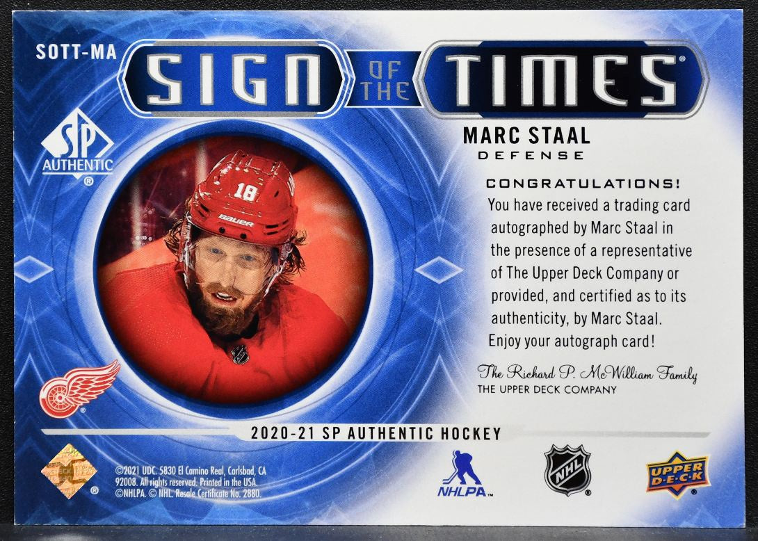 2020-21 SP Authentic Sign of the Times Marc Staal Detroit Red Wings Auto 2459