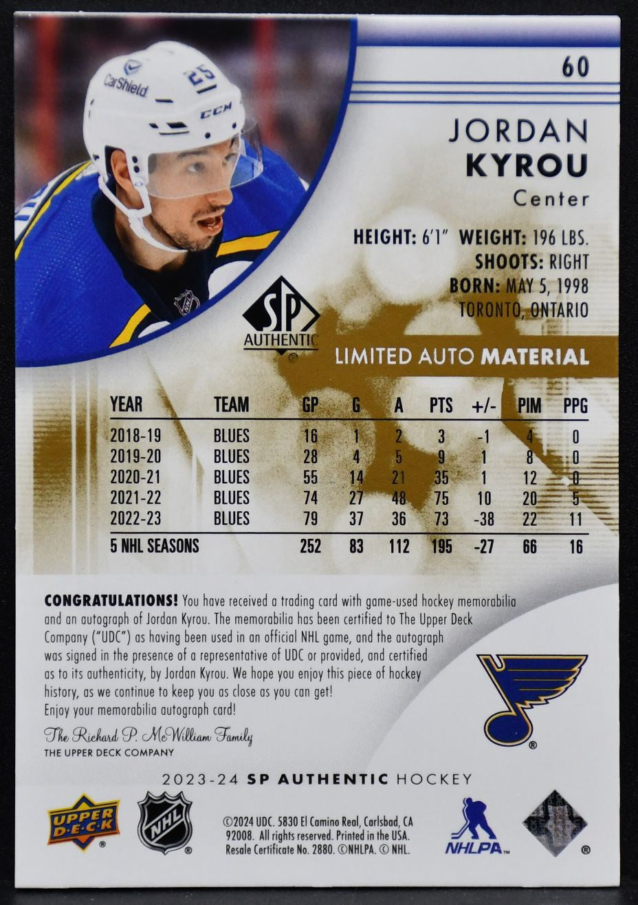 2023-24 SP Authentic Limited Auto Material Jordan Kyrou 60 Auto /100 Patch