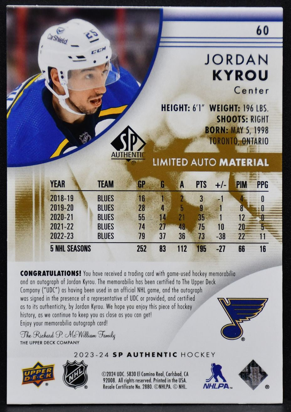 2023-24 SP Authentic Limited Auto Material Jordan Kyrou 60 Auto /100 Patch