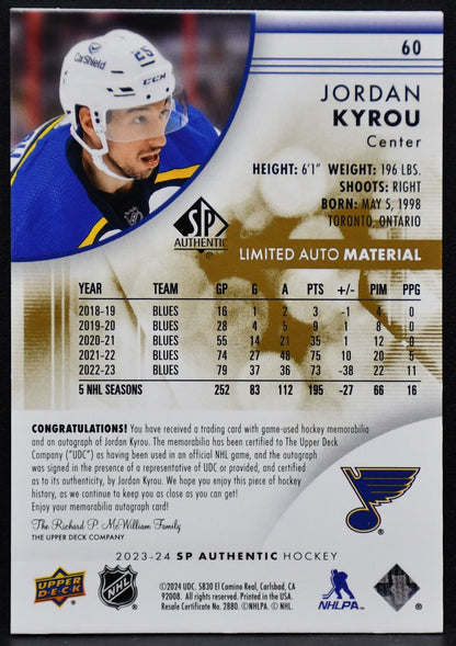 2023-24 SP Authentic Limited Auto Material Jordan Kyrou 60 Auto /100 Patch
