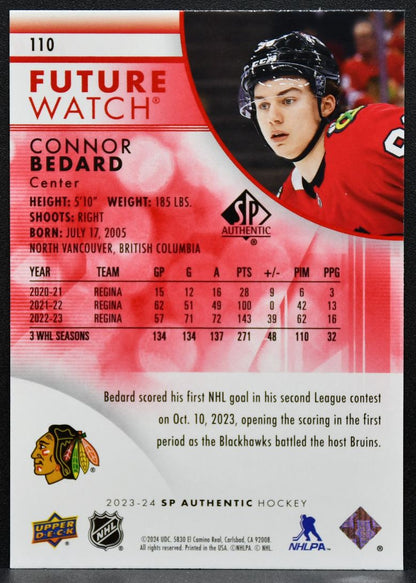 2023-24 SP Authentic Future Watch Limited Red Connor Bedard Blackhawks RC 4810