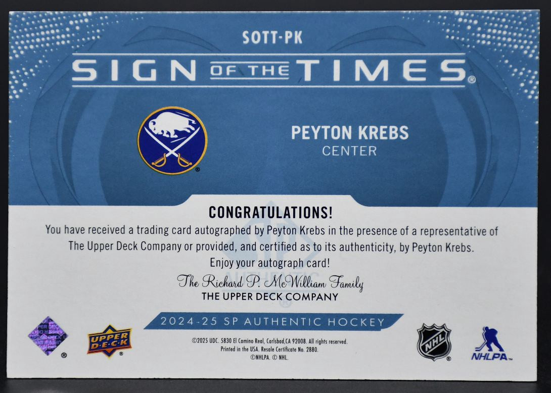 2024-25 SP Authentic Peyton Krebs SOTT-PK Buffalo Sabres Auto