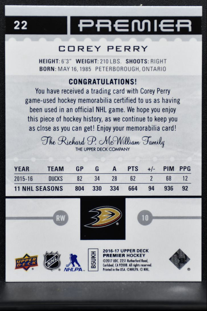 2016-17 UD Premier Base Jersey Corey Perry 22 /199 Jersey 2722