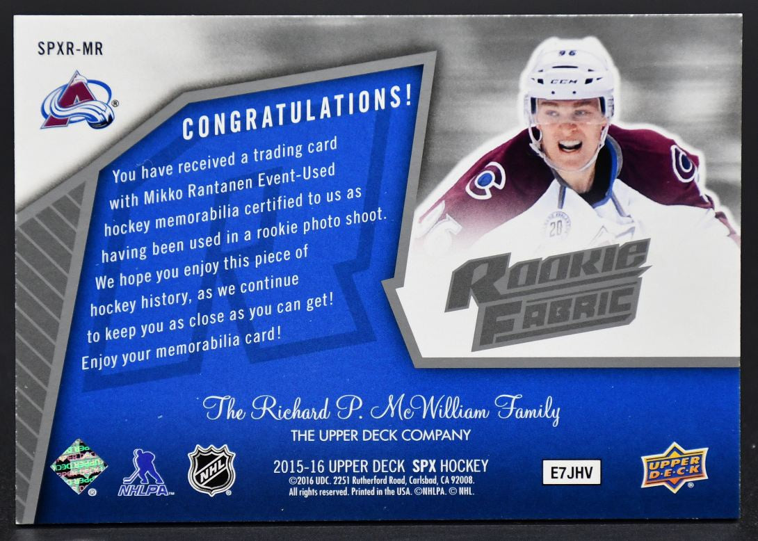 2015-16 SPx 2005-06 Retro Rookie Fabrics Rantanen SPXR-MR Avalanche RC Jersey
