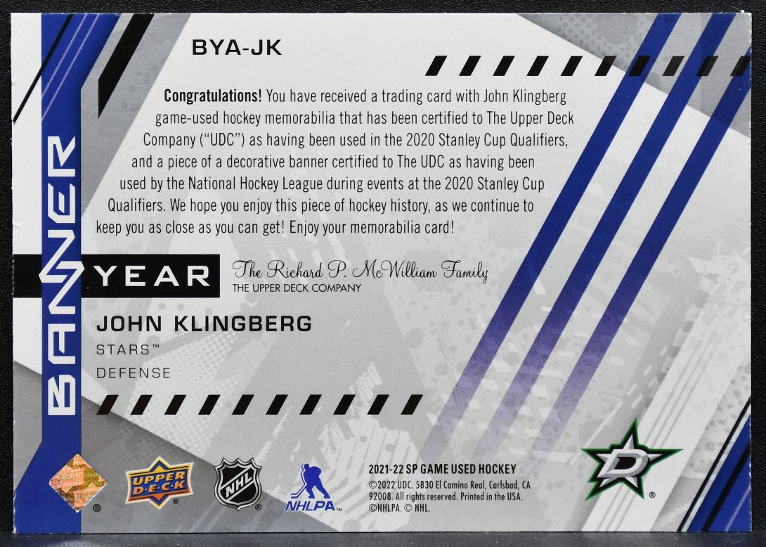 2021-22 SP Game Used West Conf Banner Year Relics Klingberg Jersey 4645
