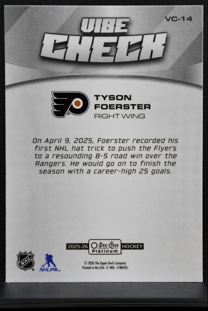 2025-26 O-Pee-Chee Platinum Vibe Check Tyson Foerster Philadelphia Flyers 3772