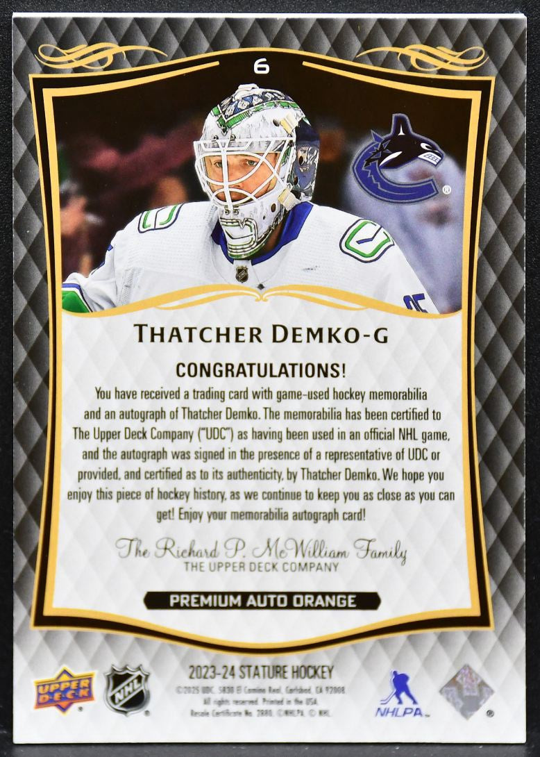 2023-24 UD Stature Memorabilia Orange Demko 6 Canucks Auto 12/15 Patch 4760