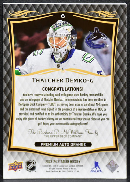 2023-24 UD Stature Memorabilia Orange Demko 6 Canucks Auto 12/15 Patch 4760
