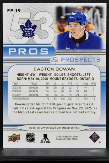 2025-26 UD Extended Series Pros and Prospects Easton Cowan Maple Leafs RC 9058