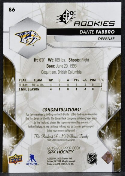2019-20 SPx Rookies Materials Dante Fabbro 86 Predators RC 041/399 Jersey 9561