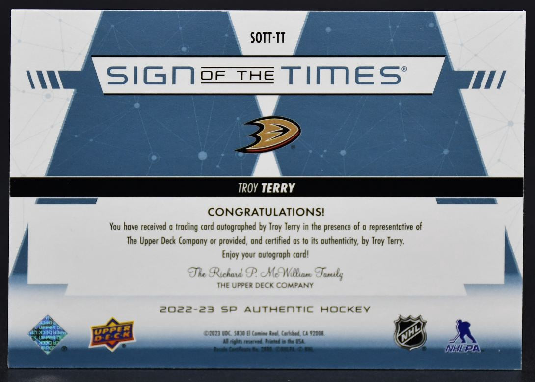 2022-23 SP Authentic Troy Terry SOTT-TT Anaheim Ducks Auto