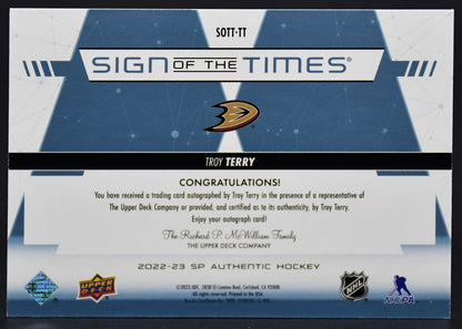 2022-23 SP Authentic Troy Terry SOTT-TT Anaheim Ducks Auto