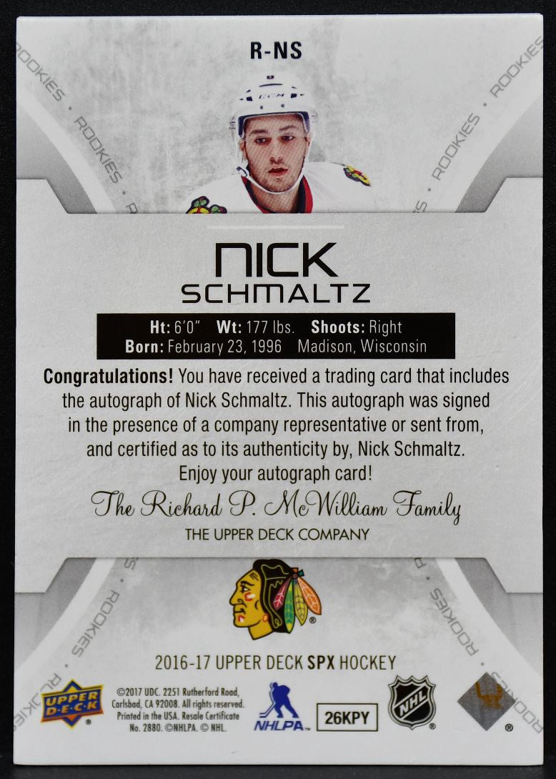 2016-17 SPx RC Auto Blue Nick Schmaltz R-NS Blackhawks RC Auto 111/165 6245